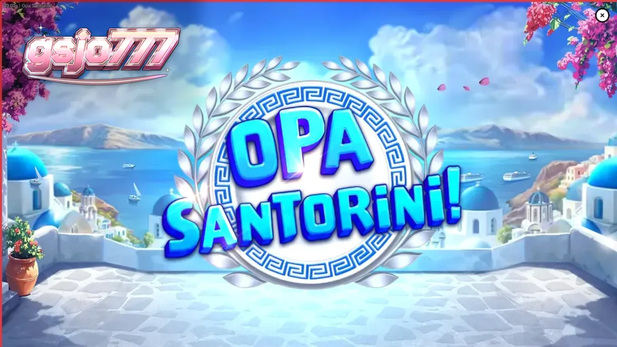 Pemandangan visual slot Opa Santorini dengan latar belakang arsitektur khas Yunani yang cerah.